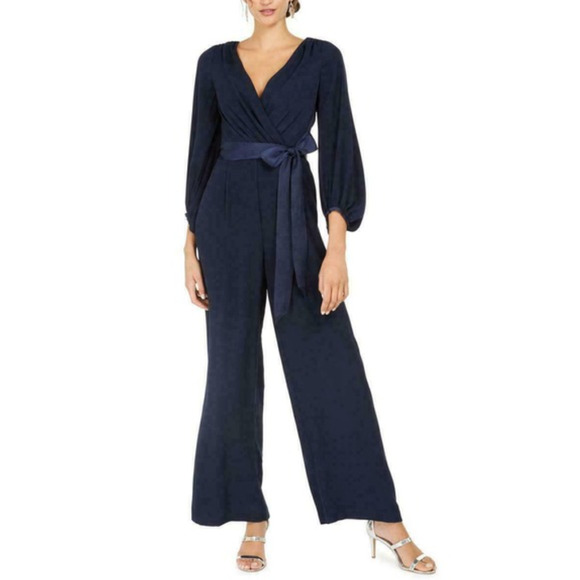 NWT Eliza J Wide Leg Faux Wrap Jumpsuit Women's Navy Blue Size 4 - Picture 1 of 6